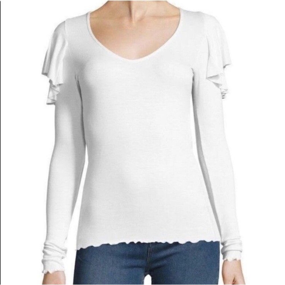 Free People We The Free Top White Size S Long Sleeve‎ Rib Knit Ruffles V-Neck